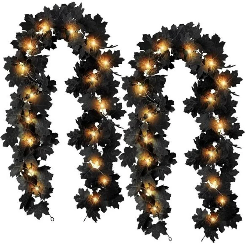 Black Leaf Garland with Yellow Lights, 2 Pack Halloween Artificial Hanging Fall